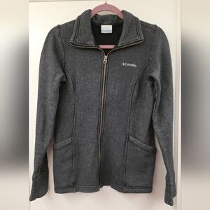 Columbia Women Front Zip Knit Jacket Semi Fitted Heather Gray Pockets XS EUC